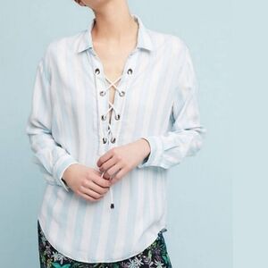 Anthropologie x Rails Uli Blue & White Striped Lace Up Tencel Long Sleeve Shirt